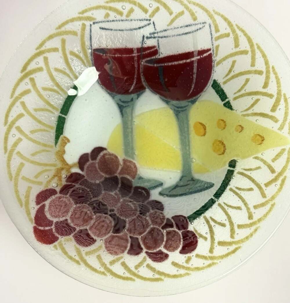 Peggy Karr Fused Studio Art Glass Bowl w Wine Grapes Cheese & Goblets Design